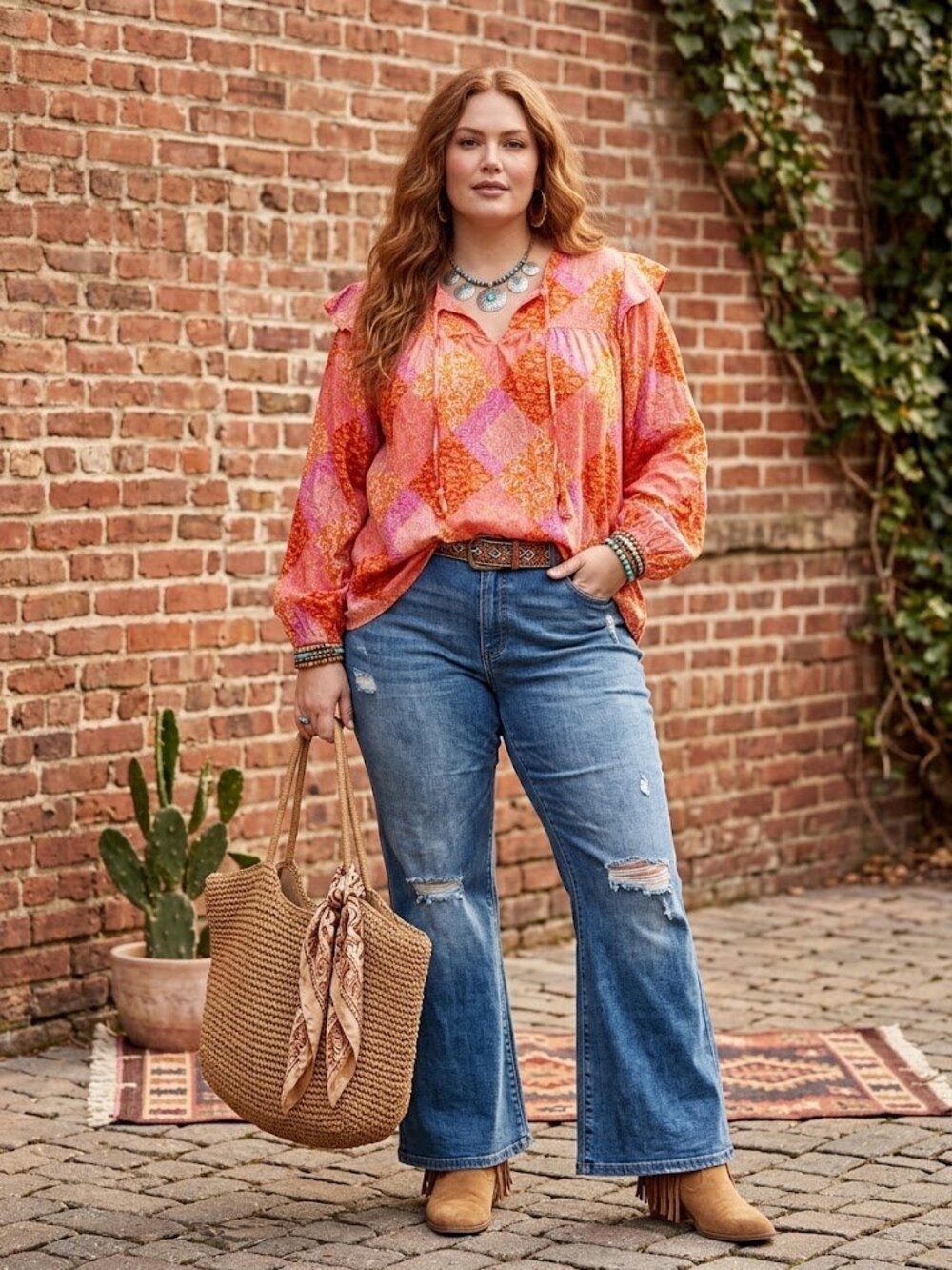 Time and Tru 3X 22 Boho Patchwork Paisley Ruffle Yoke Blouse Orange Pink Prairie